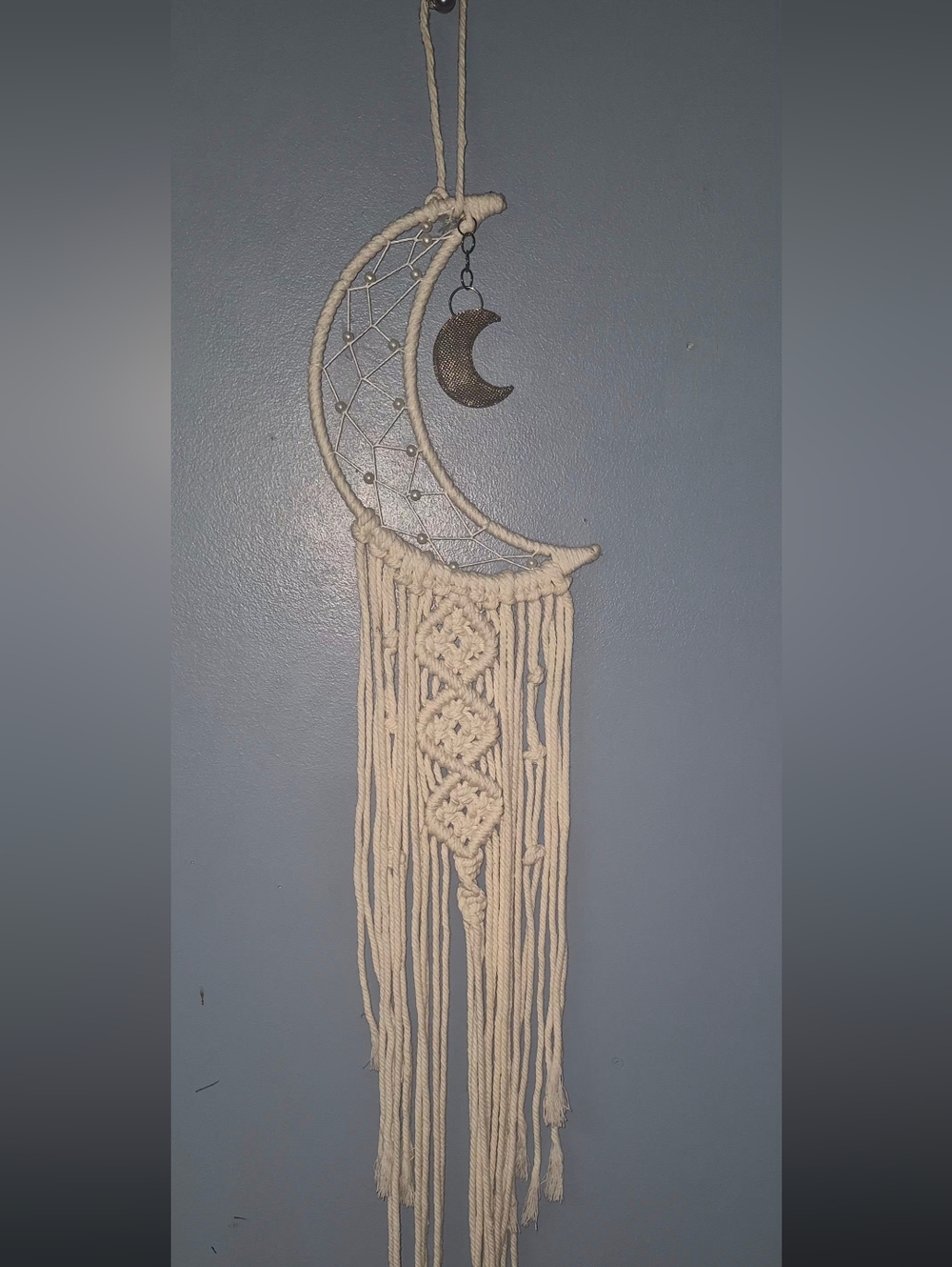 Bohemian Crescent Moon Cream Tone Macrame Dream Catcher Wall Hanging - Picture 3 of 6